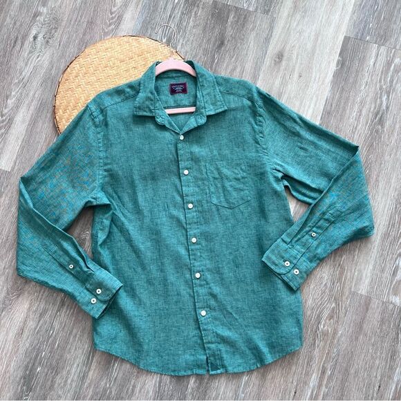 Mens untuckit Green linen wrinkle resistant button down shirt men’s size M - Picture 1 of 8